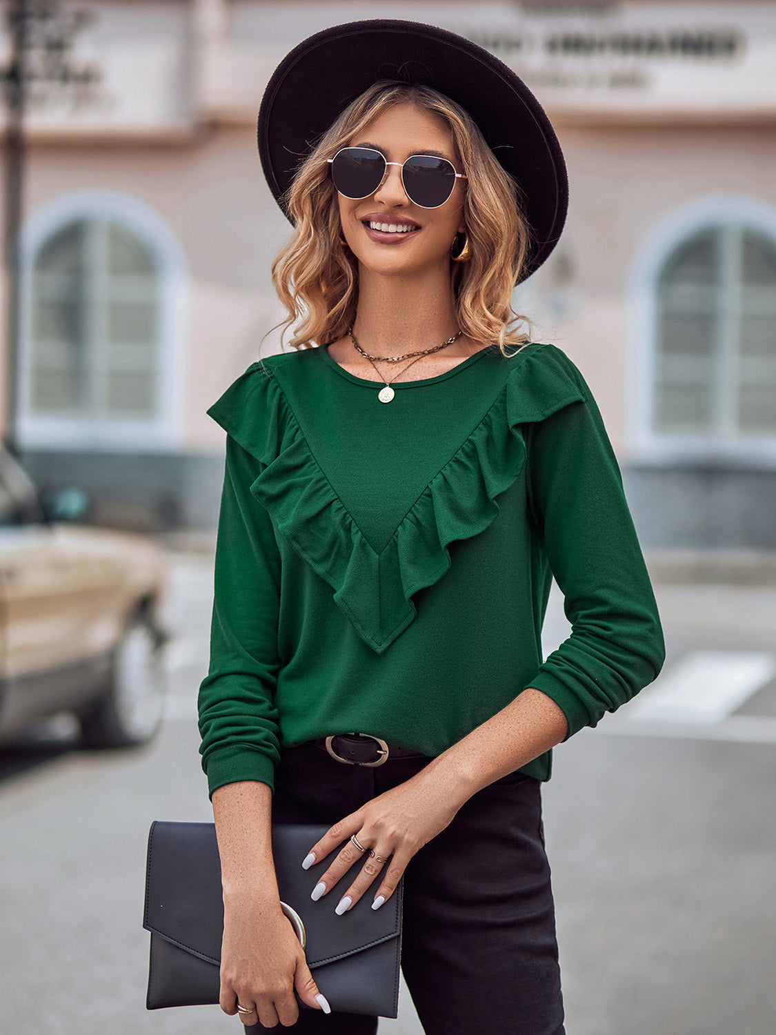 Ruffled Round Neck Long Sleeve Top