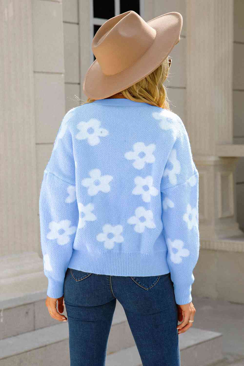 Floral Dropped Shoulder Button-Up Sweater Cardigan