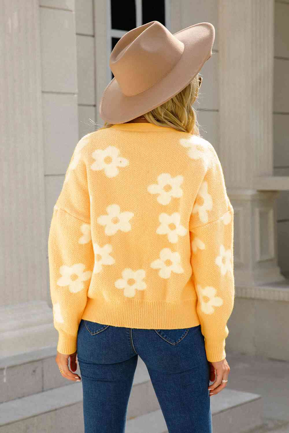 Floral Dropped Shoulder Button-Up Sweater Cardigan